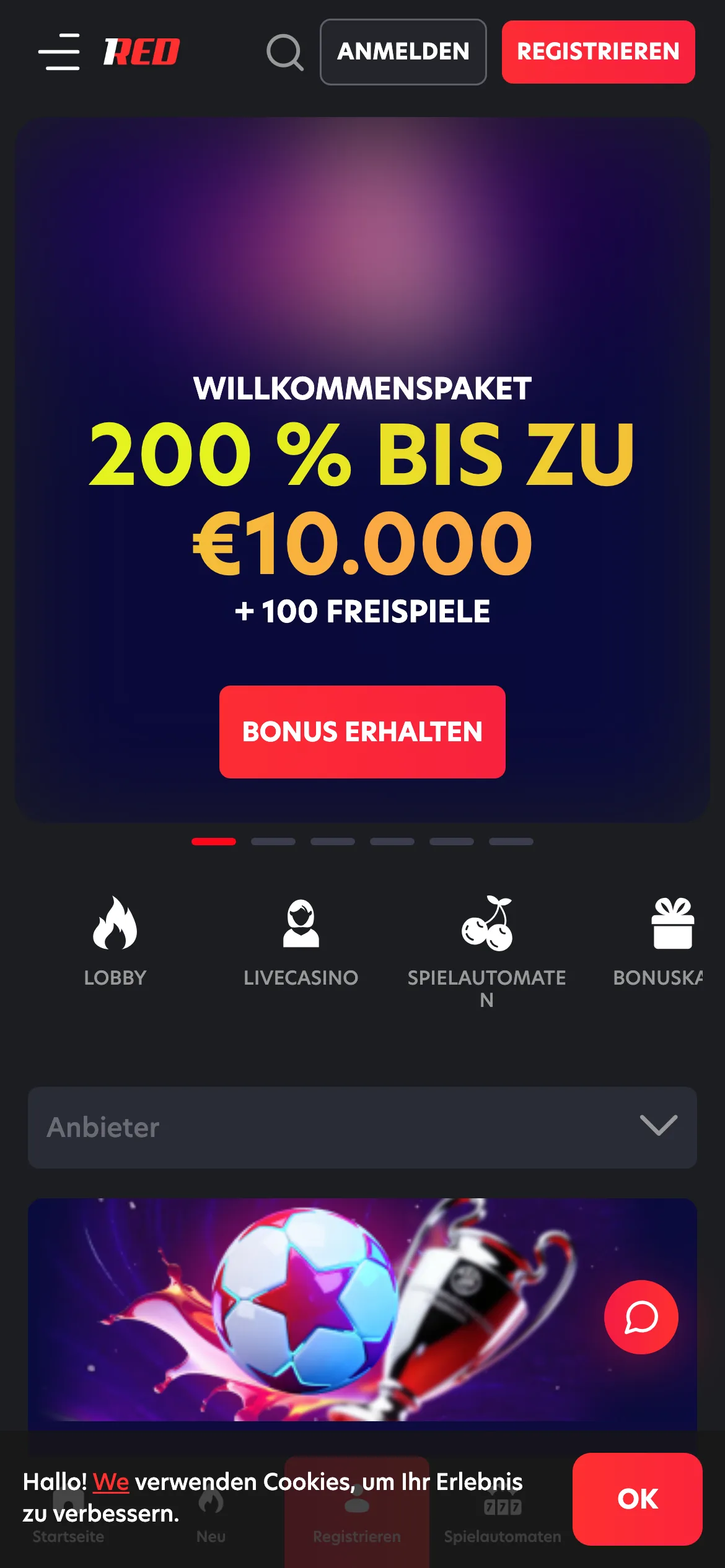 1Red Casino mobile lobby screenshot